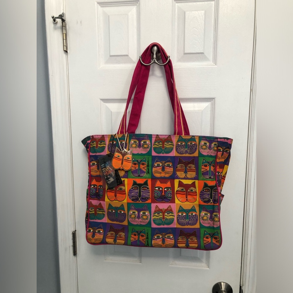 Laurel Burch Multicolor Cat-Print Tote Bag with Pink Handles